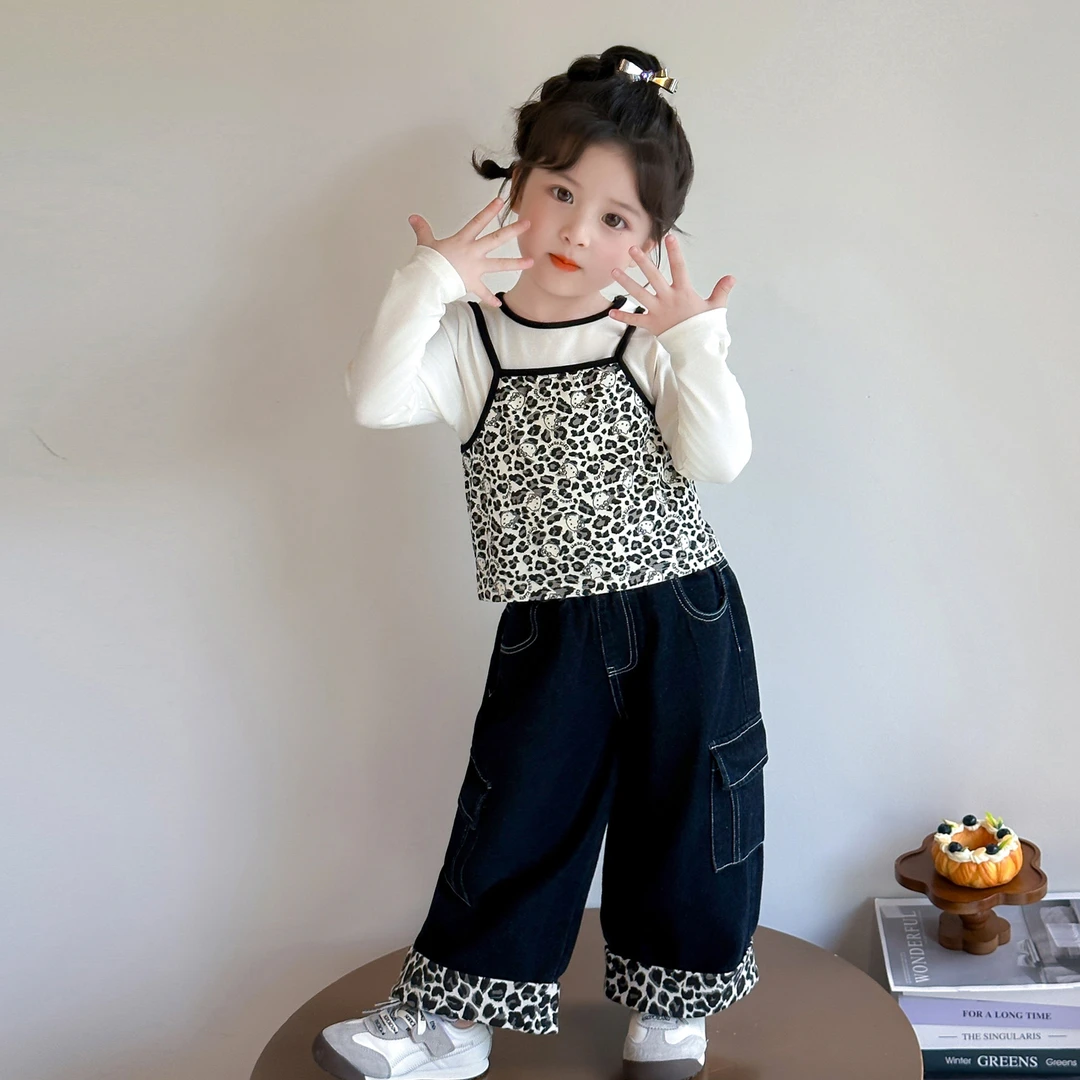 女童秋套装2025新款春秋款女宝宝秋季三件套洋气豹纹儿童吊带衣服