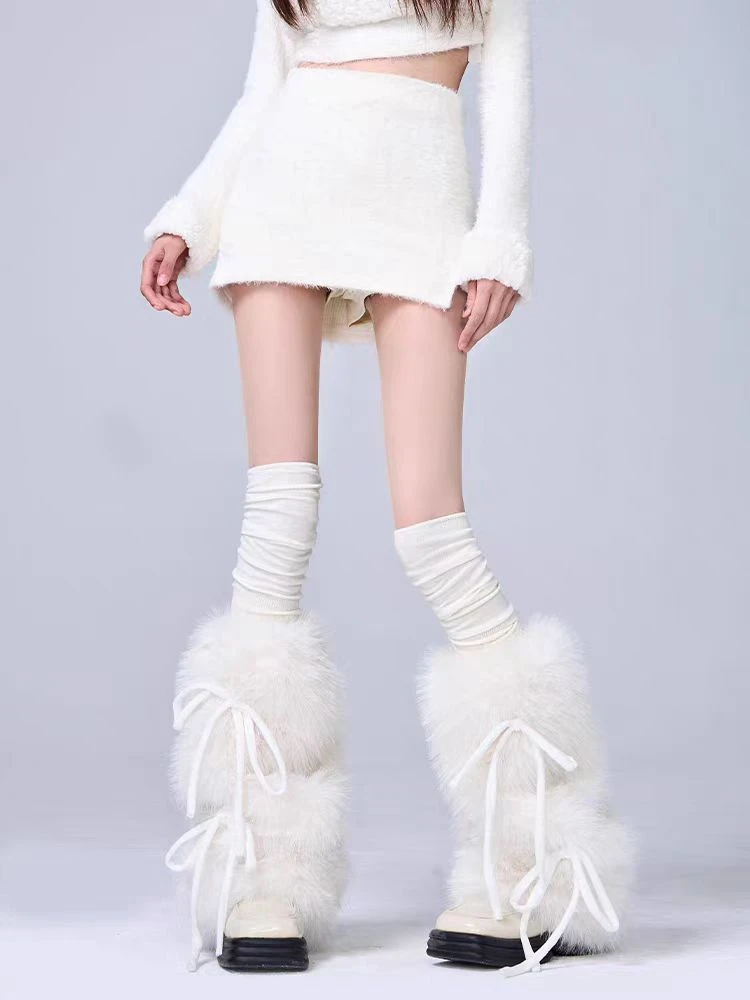 秋冬保暖毛绒腿袜绑带蝴蝶结仿皮草袜套粗腿中筒袜堆堆袜配雪地靴