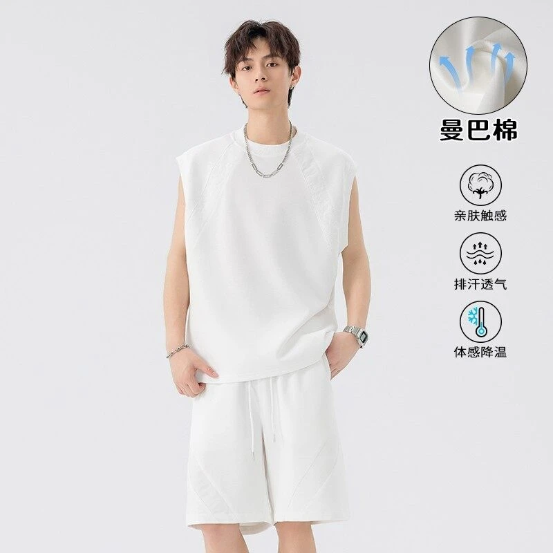 25夏季港风背心短裤套装曼巴棉大码男士时尚两件套T5099DK5849