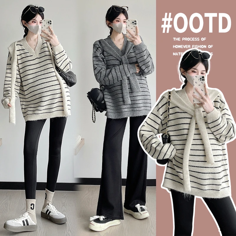 学院风撞色条纹披肩孕妇毛衣2025秋季韩系减龄洋气百搭针织