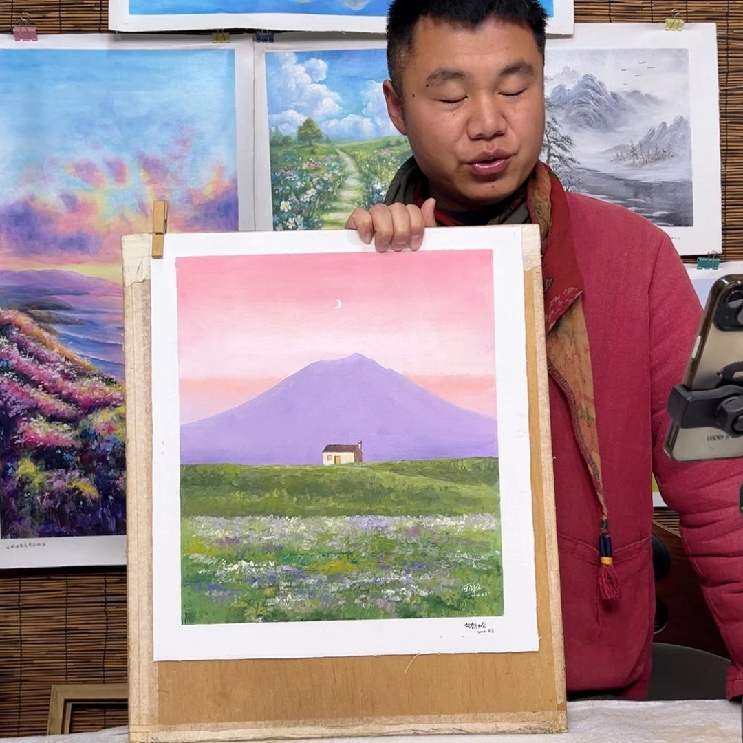 油画行路人小院绘画作品