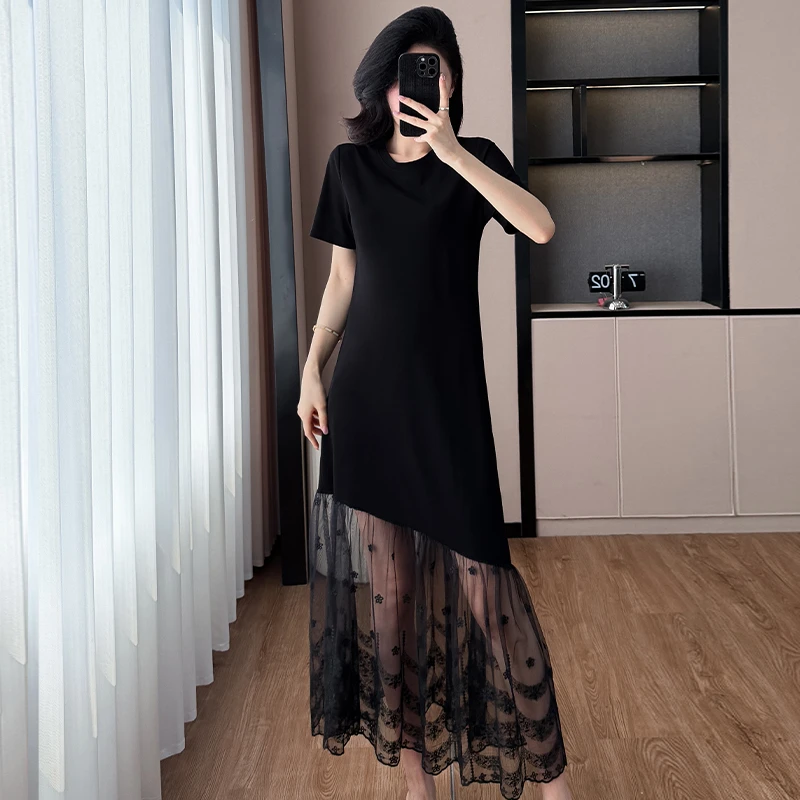 2025花边拼接连衣裙圆领短袖不规则遮肉显瘦中长款大码T恤裙女秋