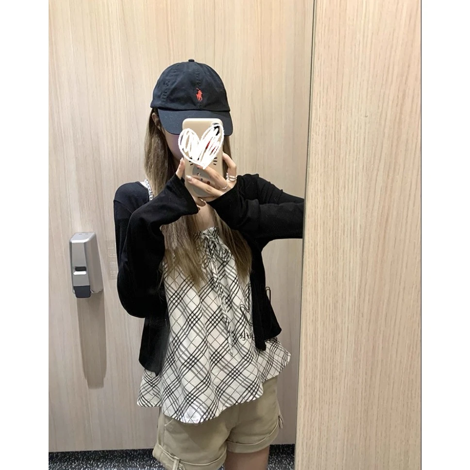 设计感小众无袖吊带开衫夏季女装时尚少女白底格纹抹胸吊带套装潮