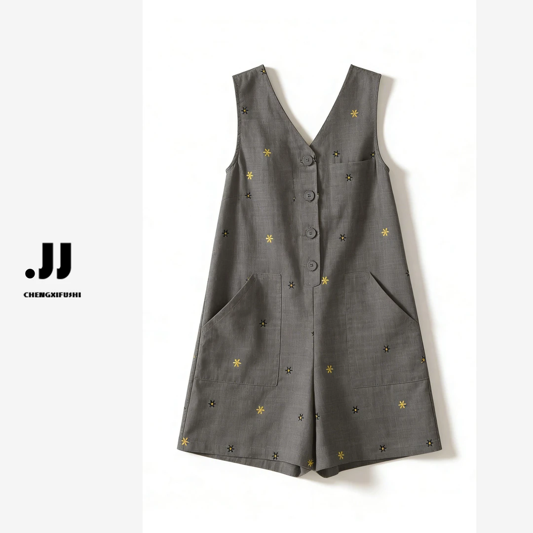 Y2771  法式高级灰色印花无袖连体裤精致休闲少女的一件穿搭