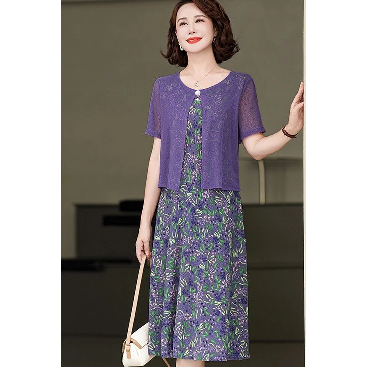 【店铺热销】假两件气质连衣裙女2025夏季新款妈妈装时尚洋气遮肉显