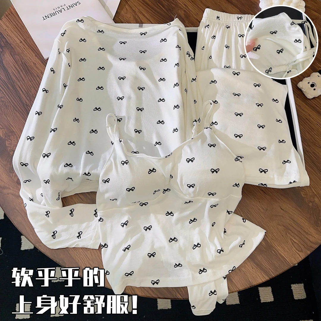 莫代尔睡衣女春秋季长袖甜美风蝴蝶结三件套装新款带胸垫家居服冬