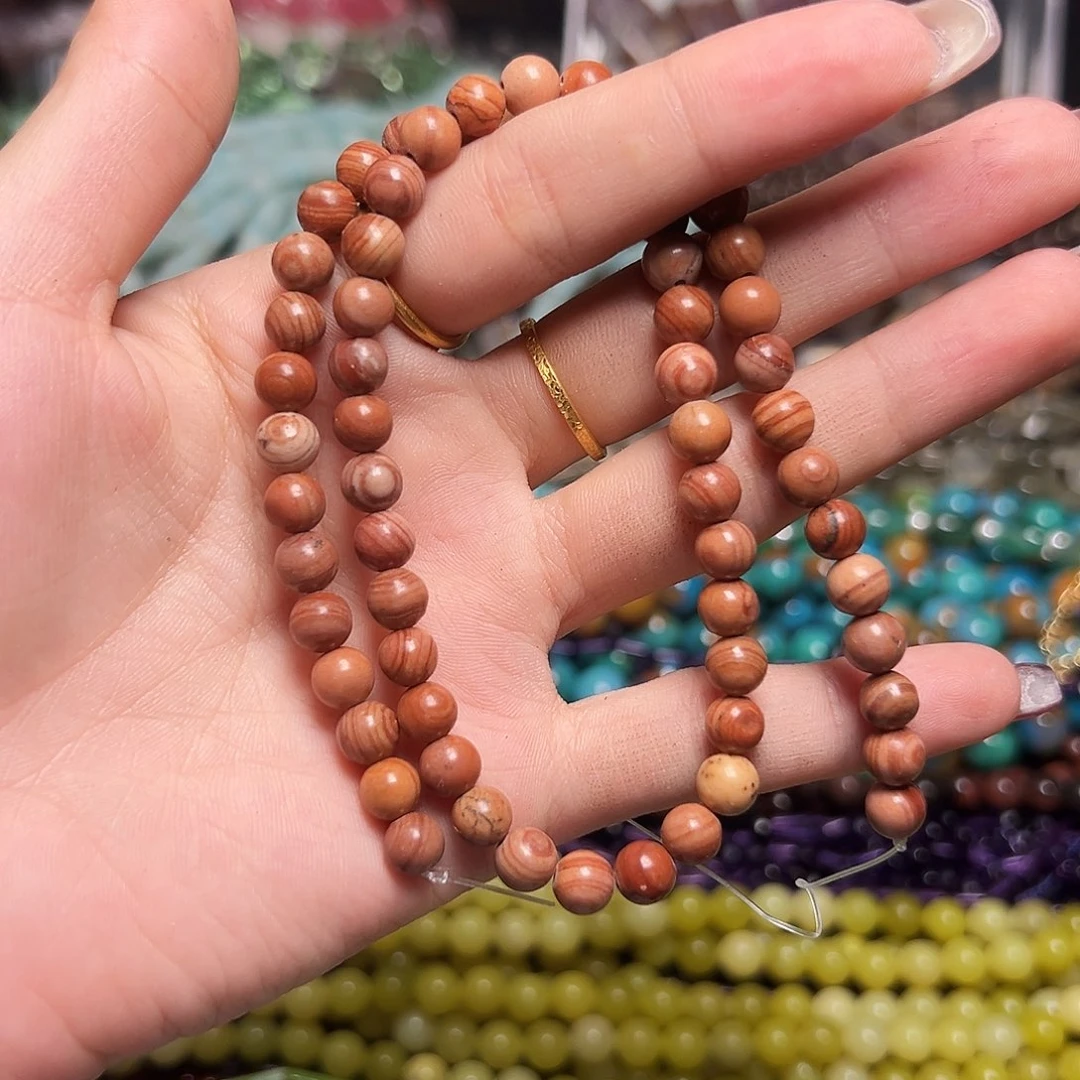 玛瑙/玉髓足银镶嵌珠宝半成品Z131。6m天然红纹石圆珠一条