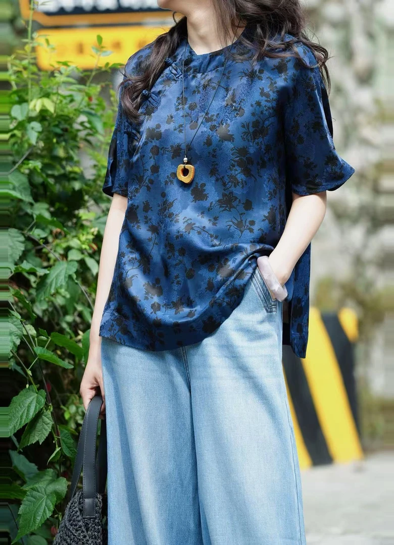 谢美丽-精选蓝黑印花显白盘扣衬衫新中式