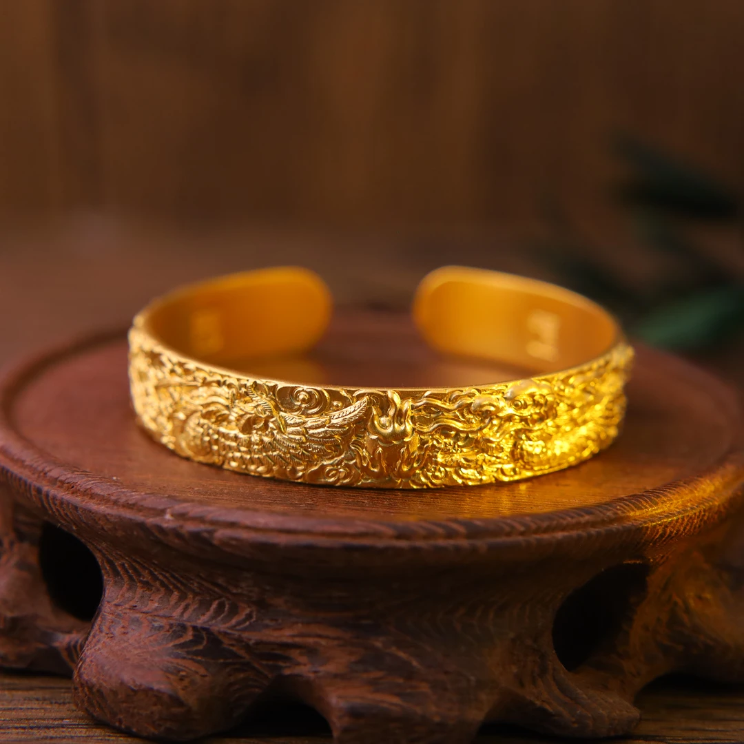 769/克【龙凤呈祥】古法金黄金手工錾刻龙凤镯 开口足金手镯