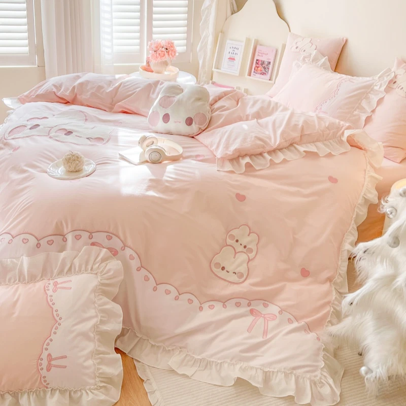纯棉水洗棉四件套儿童被套全棉兔子刺绣卡通可爱床上公主风少女心