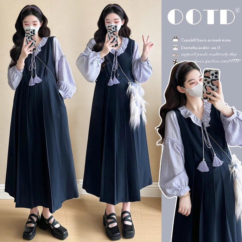 { 糕糕 }孕妇装2025春夏新款紫色法式衬衫百褶减龄显瘦背带裙套装