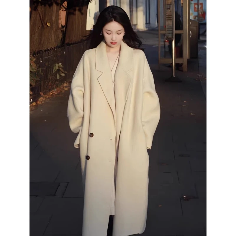 燕麦色双面羊绒大衣女中长款2025秋冬新款韩版宽松高端羊毛呢外套