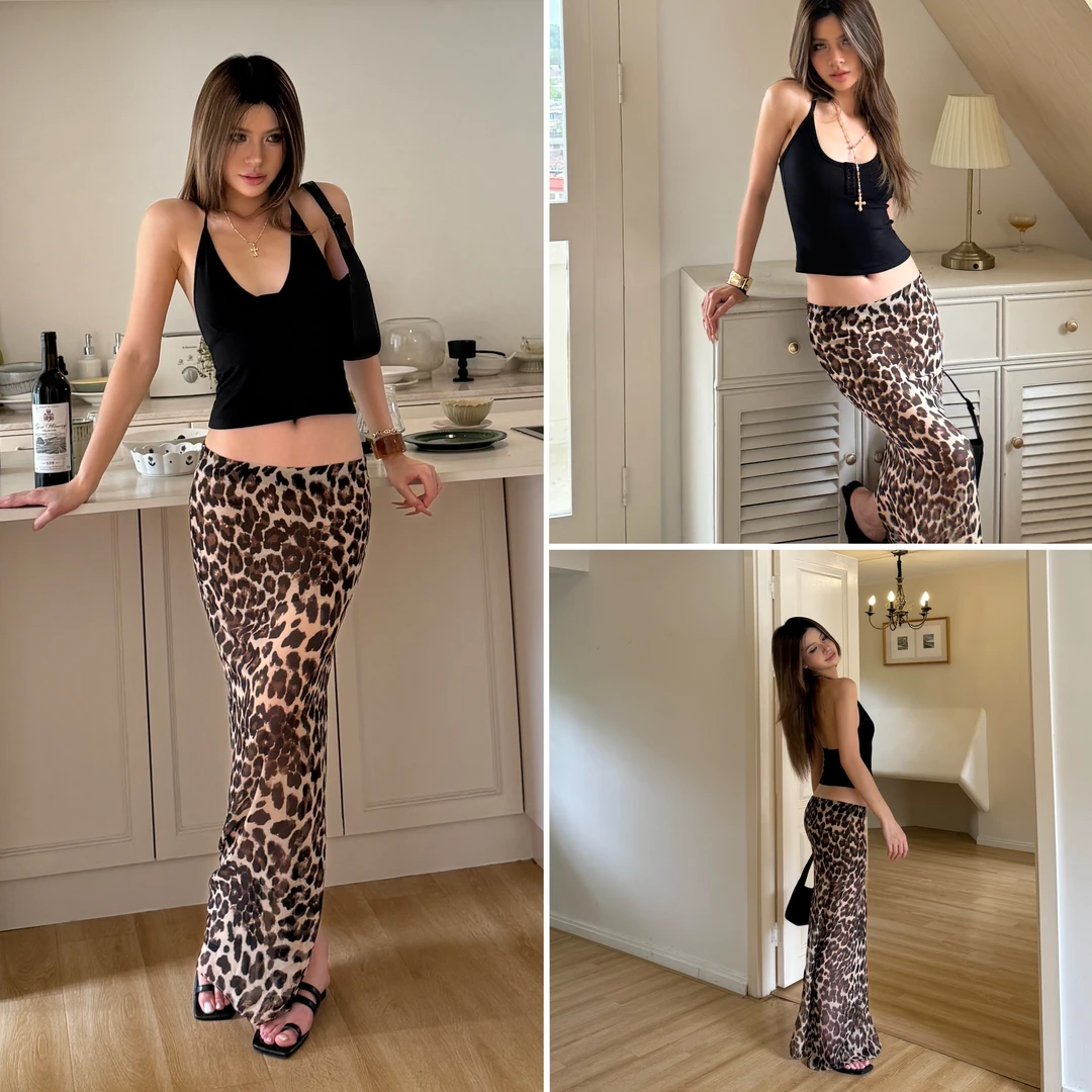 Audwyn豹纹印花半身裙女设计感欧美辣妹修身显瘦包臀低腰拖地长裙