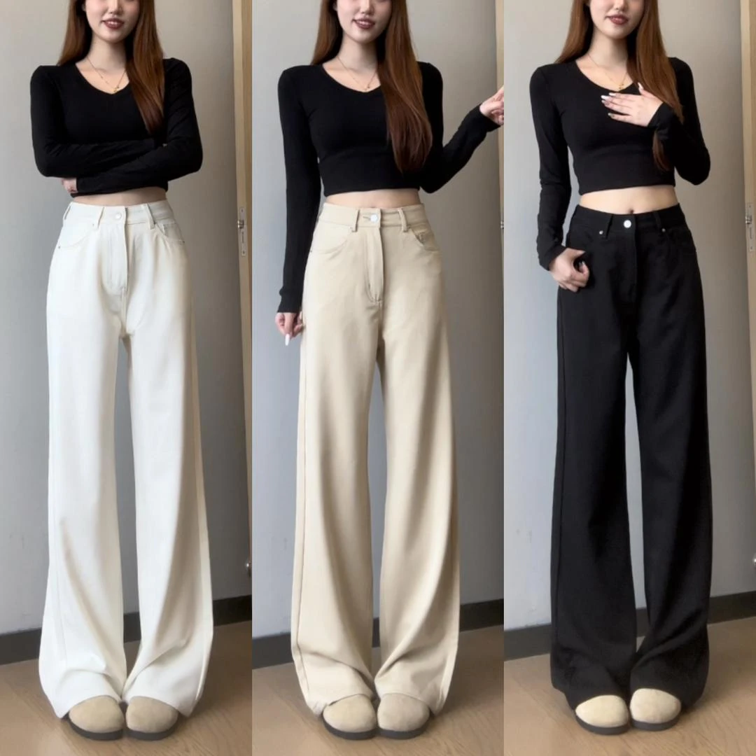 LDM/靓迪梦白色显瘦百搭直筒阔腿裤宽松新款时尚洋气百搭牛仔裤