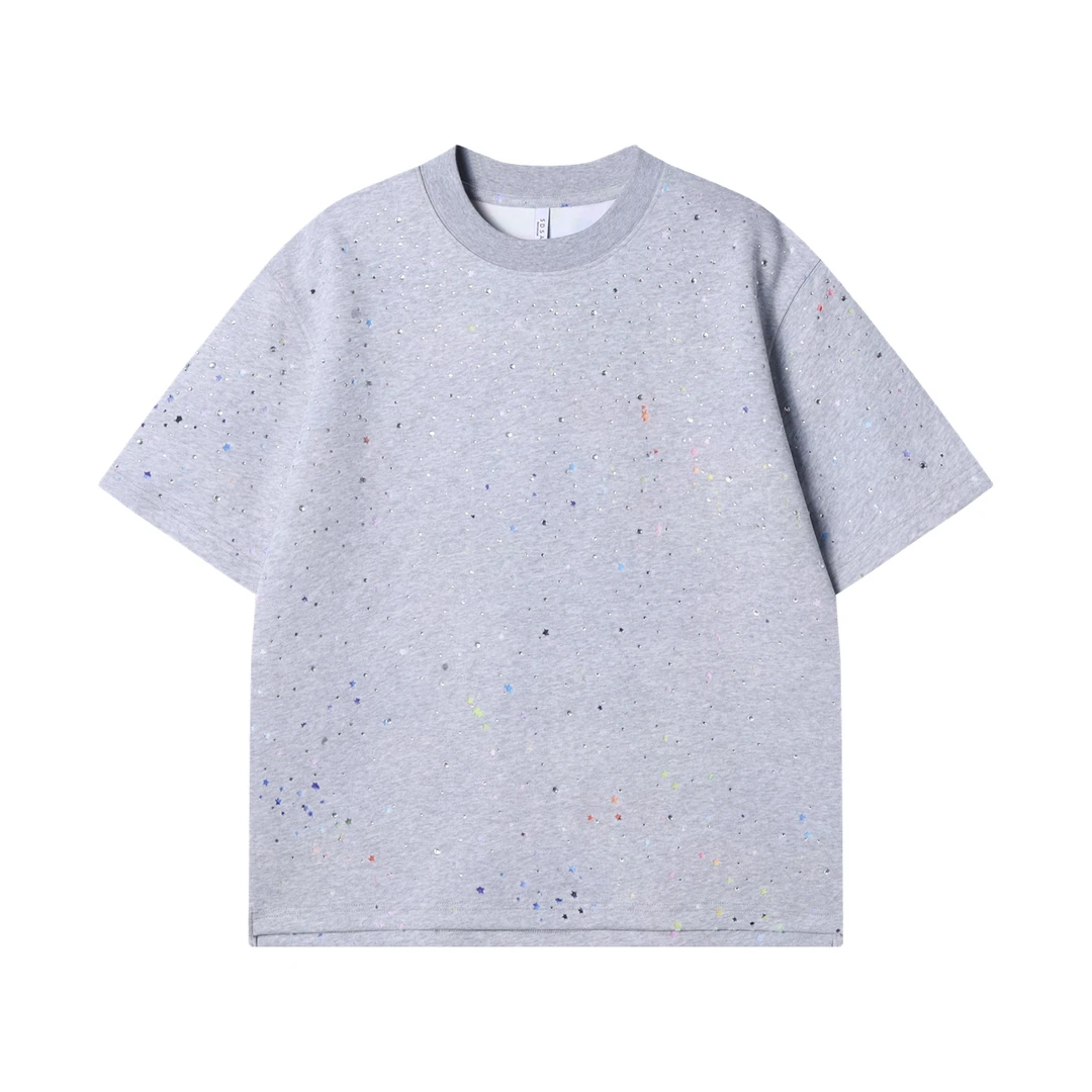 夏季高级感新款潮牌烫钻磨破圆领短袖T恤小众设计情侣百搭上衣