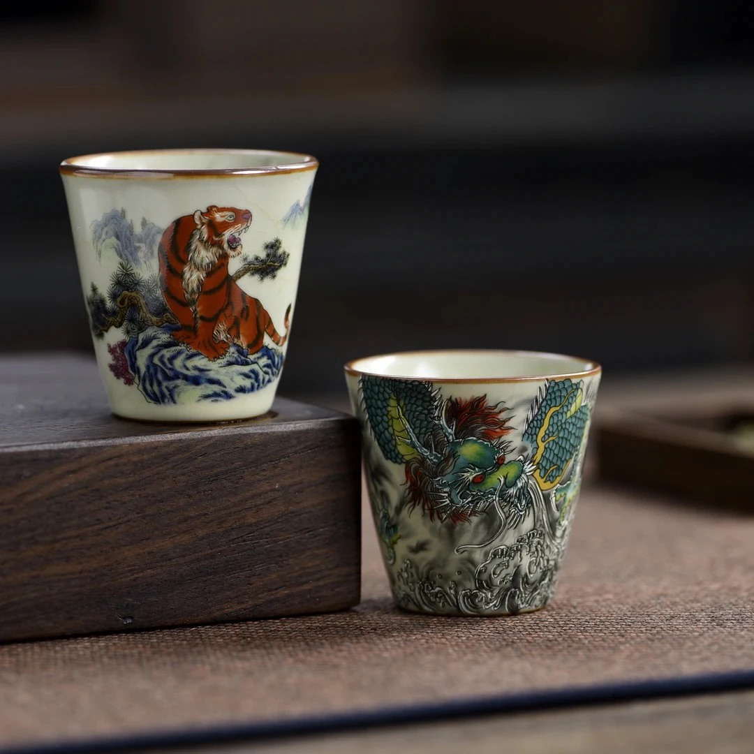 青龙加老虎闻香杯一对客杯40毫升汝窑开片
