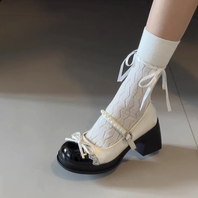 法式小香风复古圆头蝴蝶结玛丽珍鞋女2025春秋新款拼色厚底小皮鞋