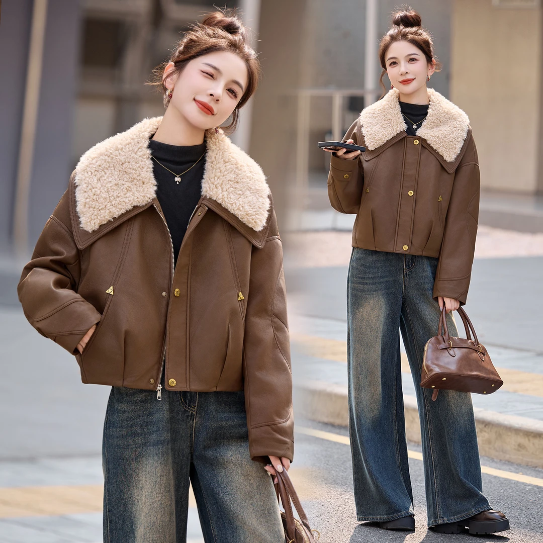美拉德羊羔毛大翻领PU皮衣棉服女短款2025冬季新款小个子气质外套