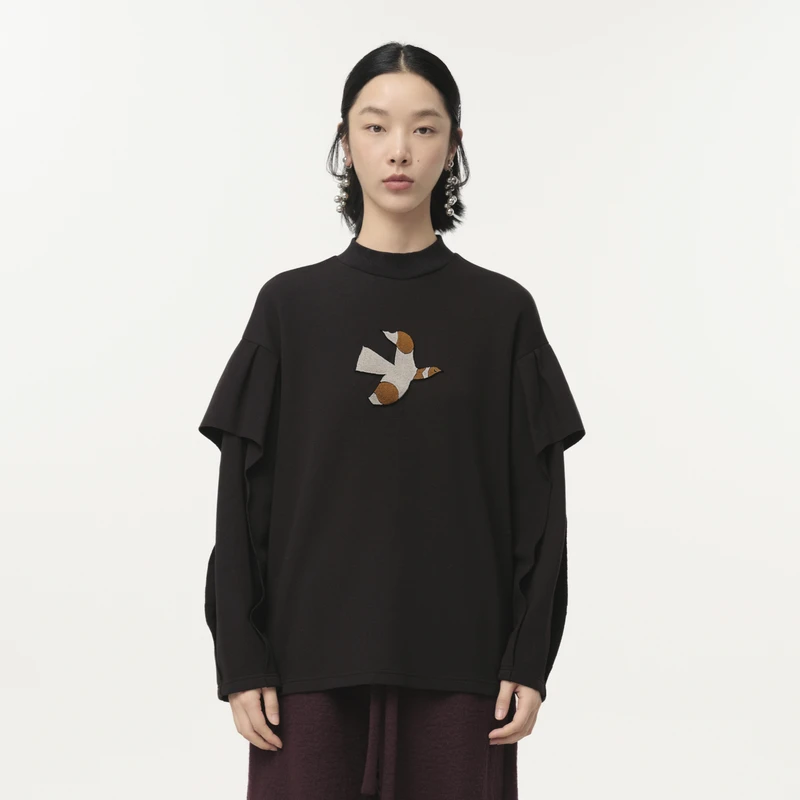 【商场同款】MOVEUP幻走冬季半高领花边袖设计短款T恤女124410514