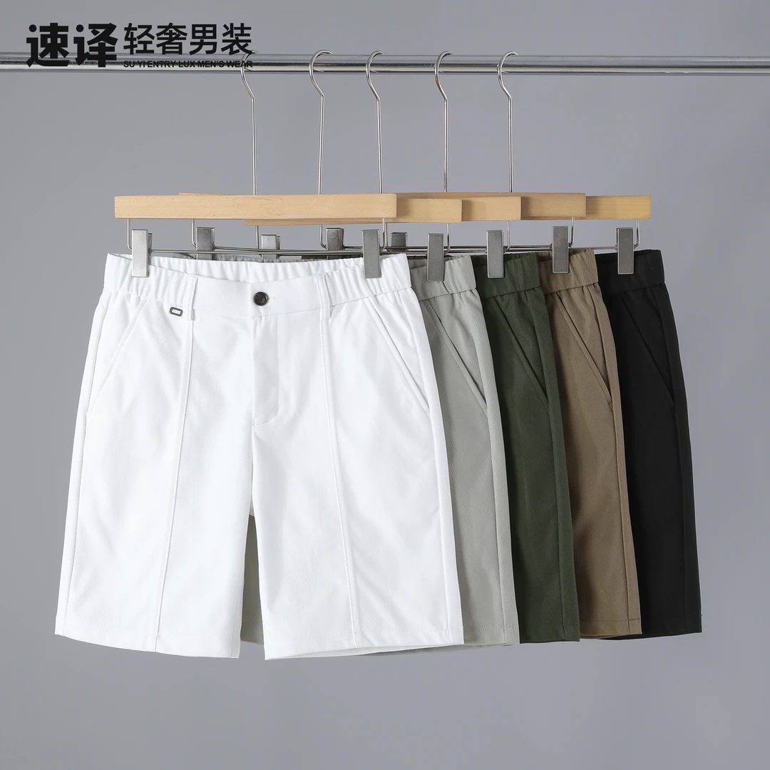 夏季重磅斜纹肌理裤中线设计半松紧腰小直筒纯色透气男休闲短裤男