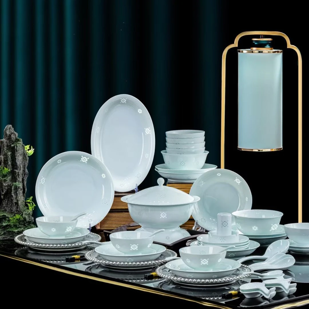 58 头玲珑知玉 景德镇高白影青玲珑釉下彩中式家用餐具高档简约