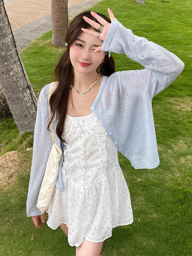 蓝色冰丝防晒衣女2025新款夏季薄款镂空针织开衫外套透气外搭上衣