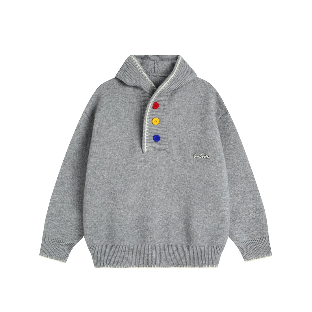 INSstudios 国潮美式「三色绒感扣子连帽毛衣」多巴胺针织衫外套