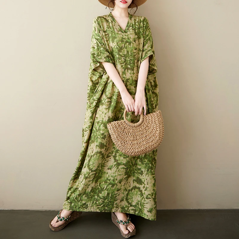 法式温柔风清仓大码显瘦遮肚棉麻短袖连衣裙碎花夏度假风沙滩长裙