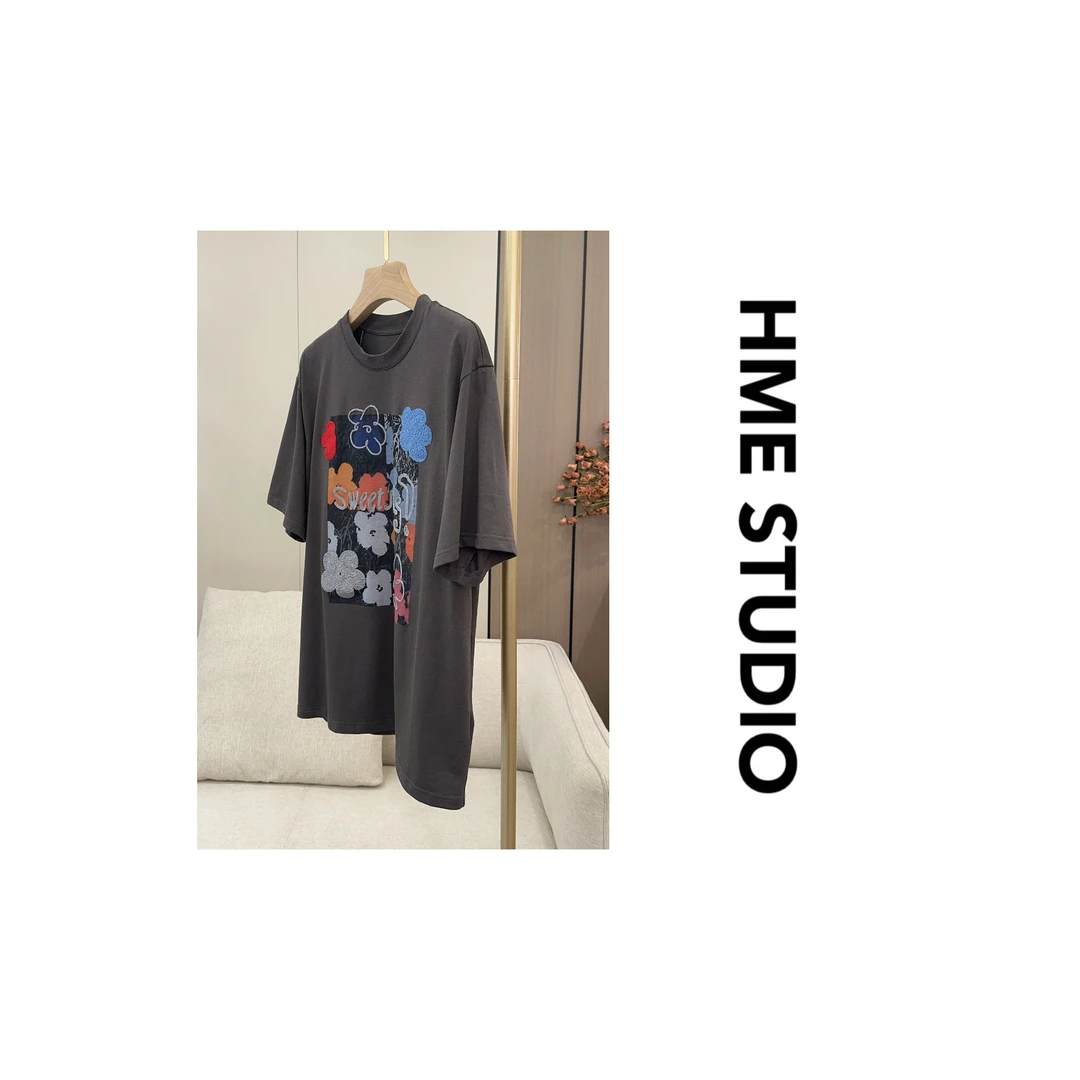 【HME】（那些花儿）趣味花朵毛巾刺绣独特别致宽松廓型美式复古风T恤