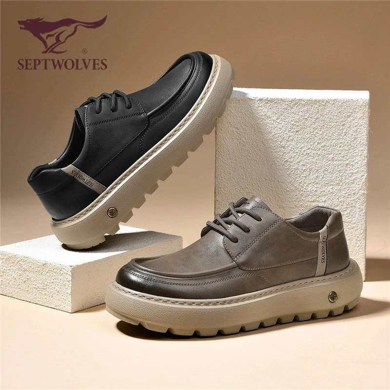 七匹狼男鞋新款2025秋季复古厚底耐磨休闲皮鞋工装鞋低帮软底0024