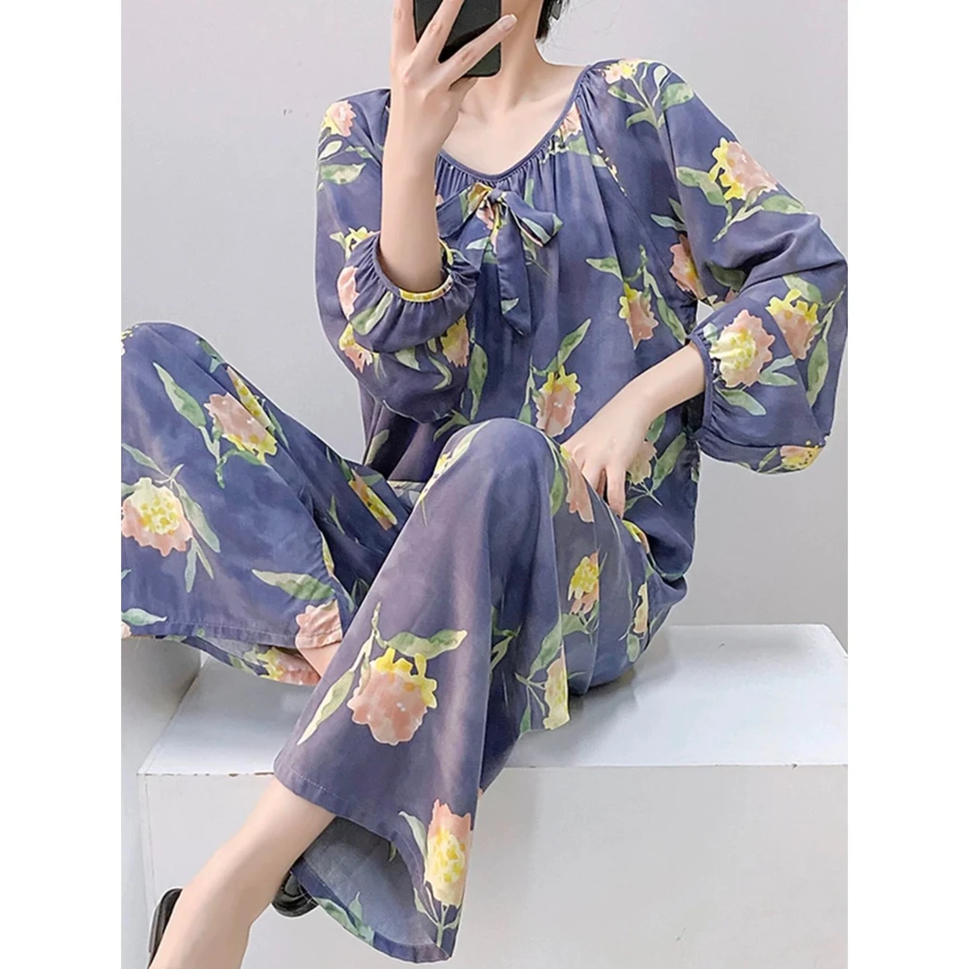 棉绸扎染睡衣女春秋季长袖牡丹同款套装大女主唐风家居服可外穿夏