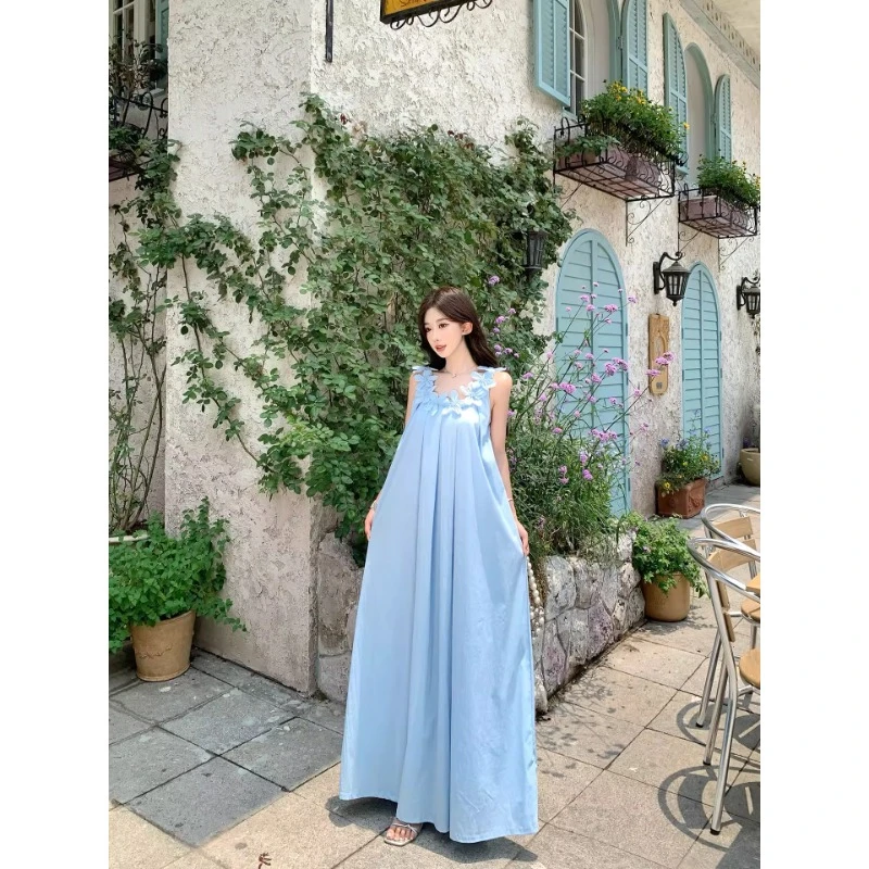 海边度假风重工立体花朵蓝色吊带连衣裙慵懒宽松显瘦A字无袖长裙