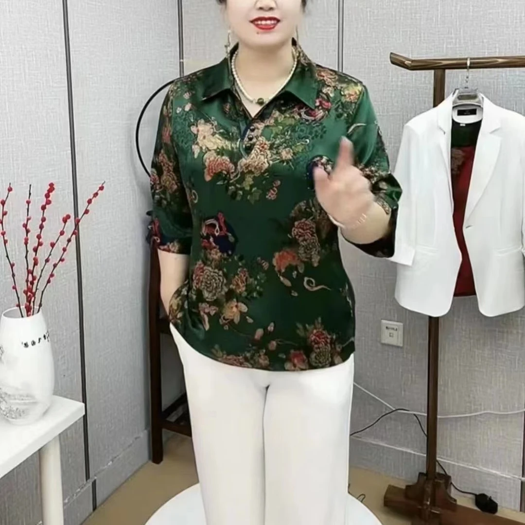 2025新中式旗袍衫衬衫翻领V领七分袖妈妈装中老年碎花上衣小衫