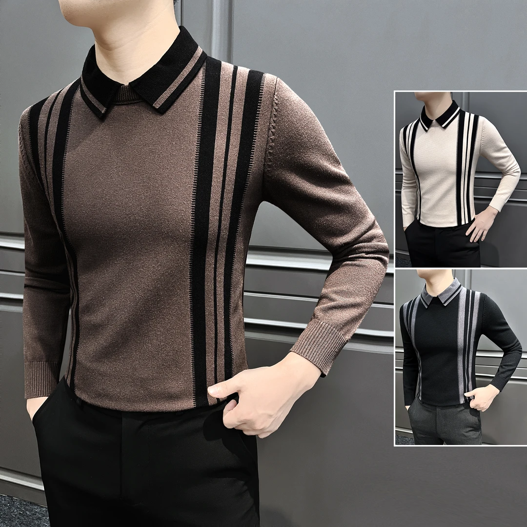 假两件毛衣男款冬季轻奢痞帅高级感上档次男装针织条纹男士打底衫