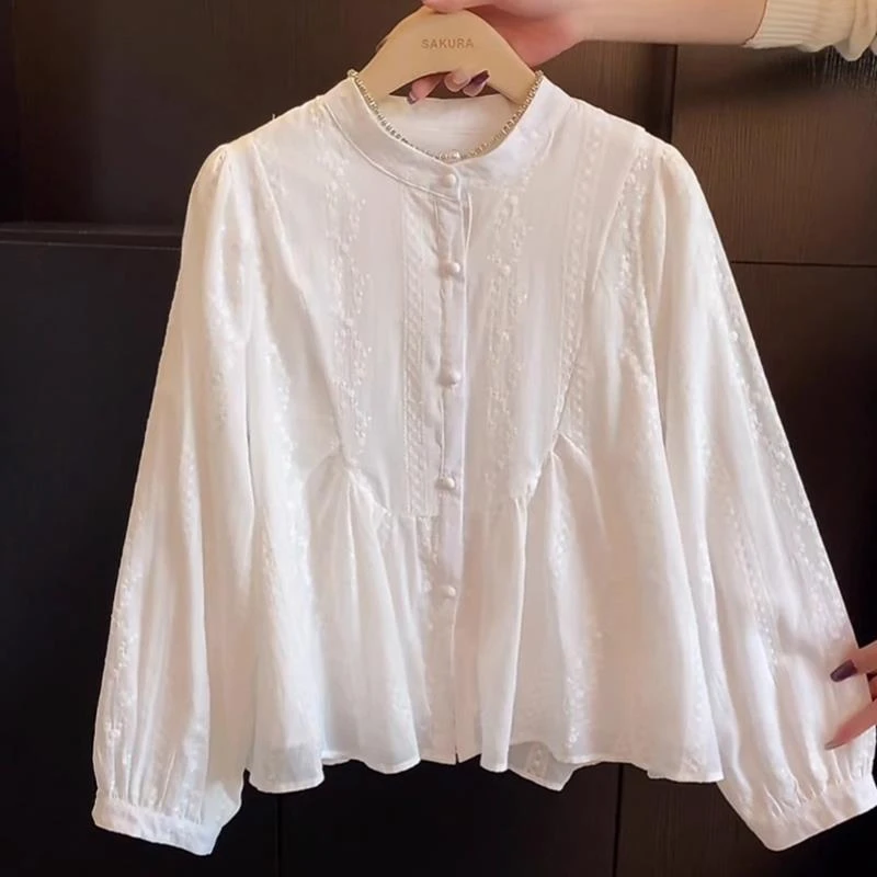 重磅推荐！白色提花刺绣立领长袖衬衫女早秋2025款百搭娃娃衫上衣