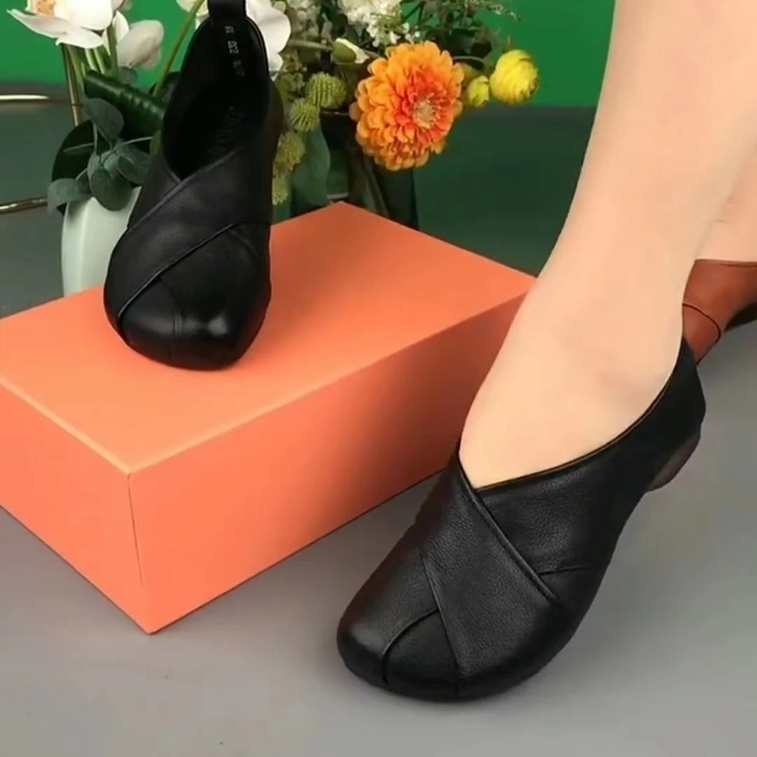 撤柜款真皮豆豆鞋女秋季新款一脚蹬复古软底轻便外穿平底妈妈鞋