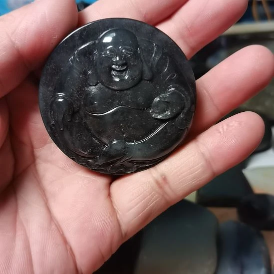 和田玉（糖玉）未镶嵌挂件和田玉青花籽弥勒佛手把牌