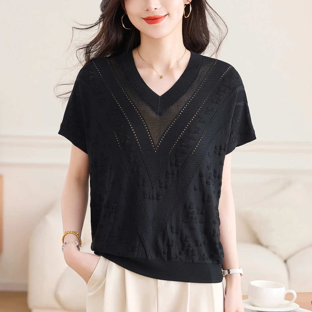 大码女装夏装胖mm冰丝针织衫女士短袖t恤遮肚子巨显瘦v领雪纺上衣
