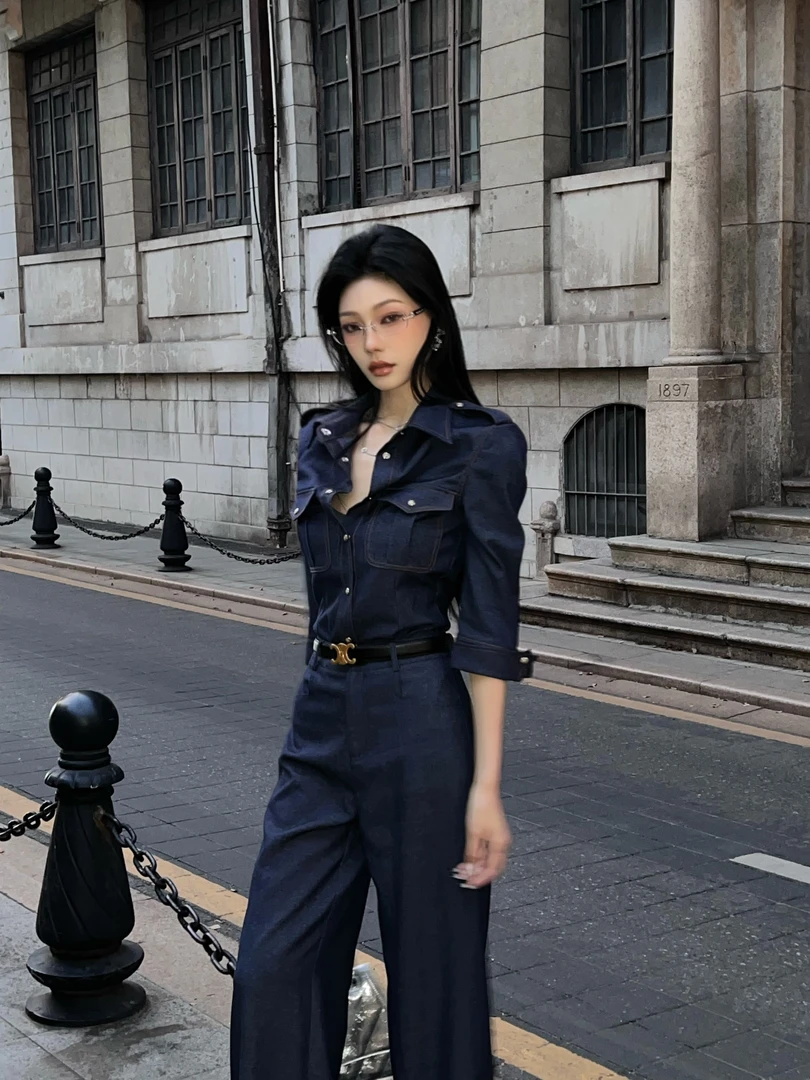 Vicky薇薇【静奢旅途】法式复古蓝色牛仔衬衫春秋小众设计通勤上衣