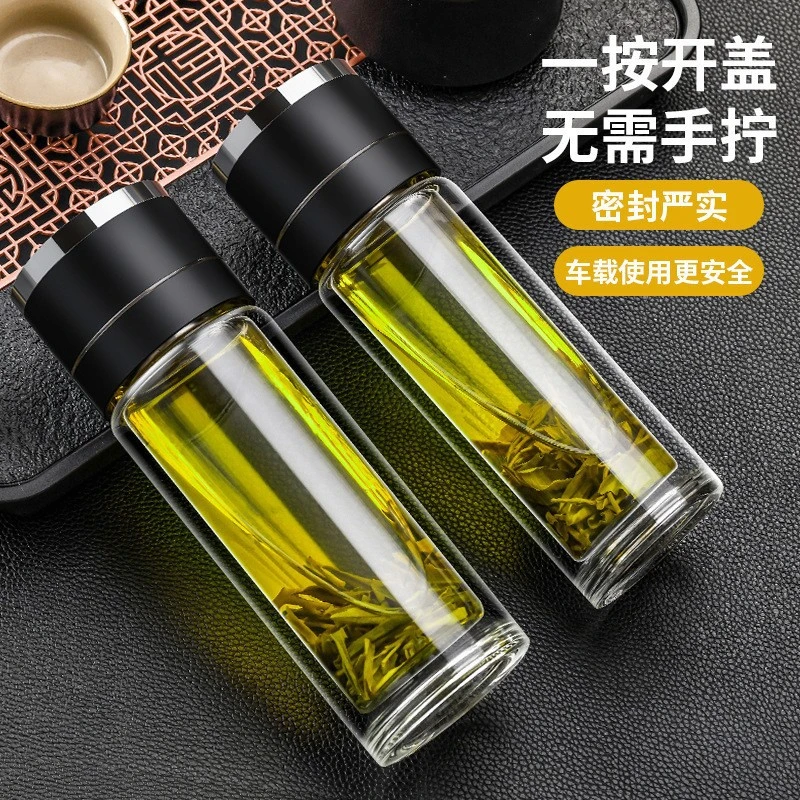一键开盖茶水分离杯双层高硼硅玻璃车载水杯男士耐高温泡茶杯CH