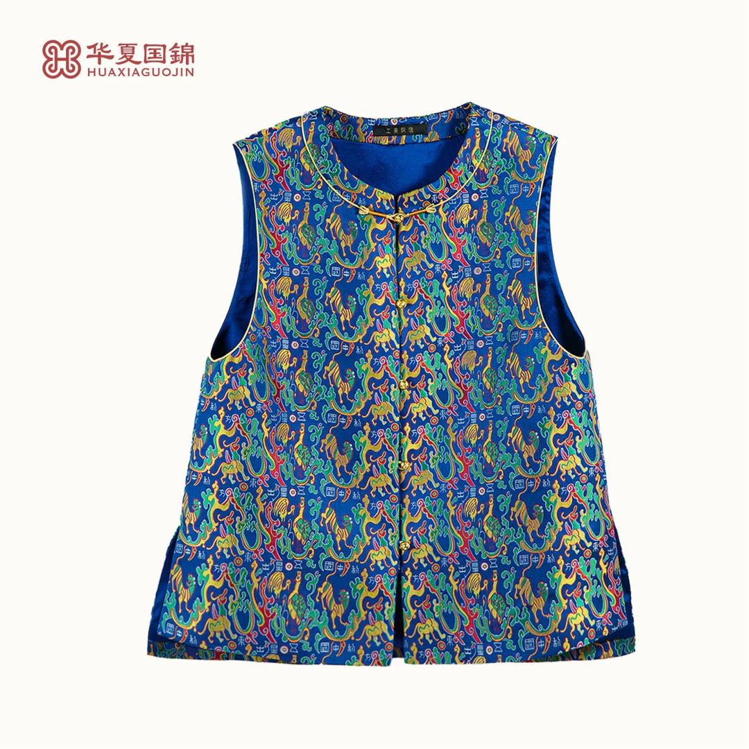 【四川工美蜀锦】新中式蓝地五星出东方纹圆领金扣蜀锦马甲【星引】