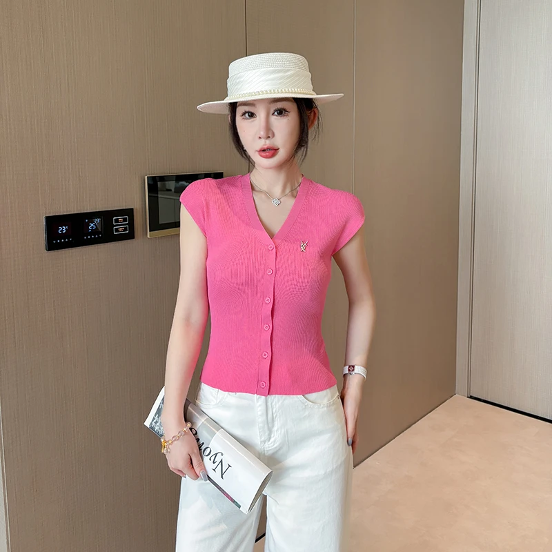 气质V领短袖针织开衫女夏季2025薄款高级感落肩小飞袖上衣251040