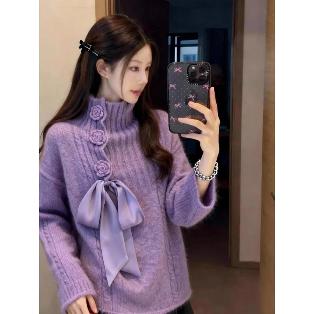 洋气超好看撞色蝴蝶结冬季毛衣内搭女秋冬过年氛围感气质红色上衣