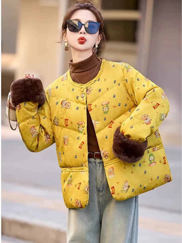 妮妮6197冬季新款新中式国风短款加厚印花外套
