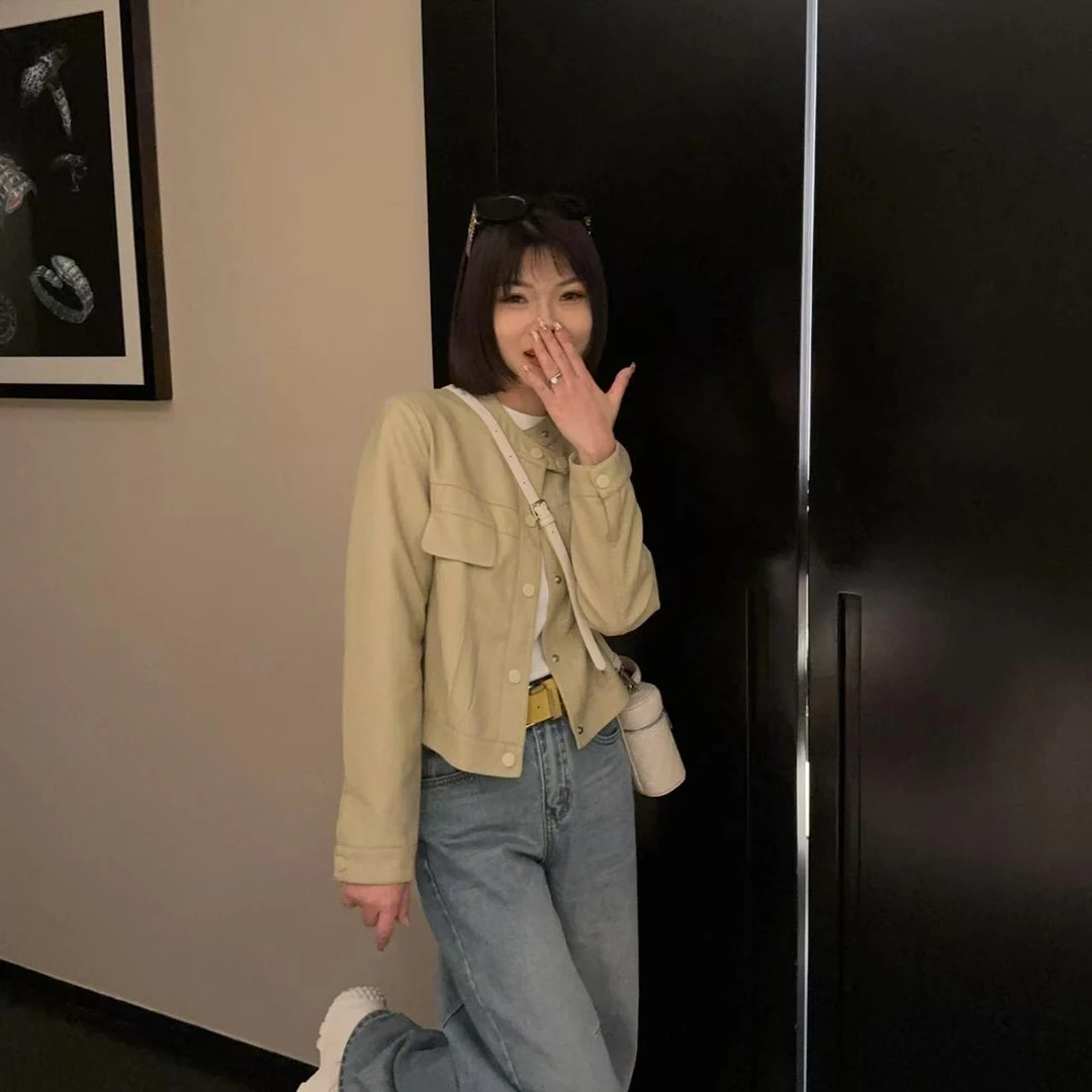 玳妮【双扣立领皮衣】早春款正肩短款气质机车风皮衣时尚双口袋夹克