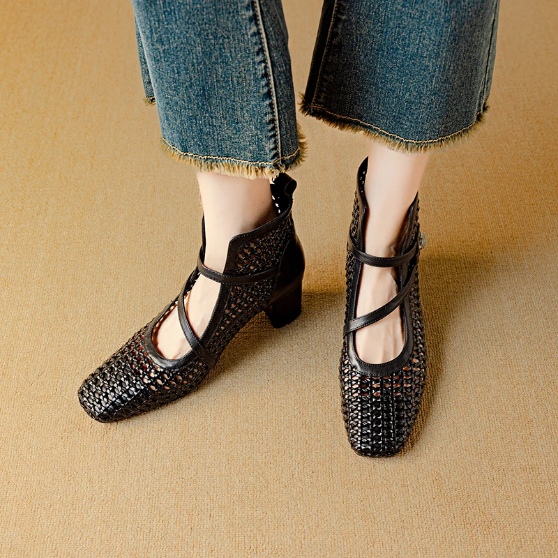 2025夏季短靴粗跟网靴一字带罗马粗跟网靴一字带罗马凉靴女真皮