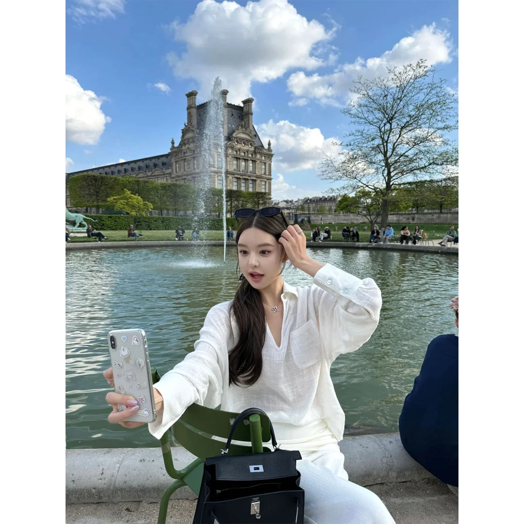 2025年夏季新款chic懒惰松弛感polo领衬衫女配腰头拼接针织休闲裤