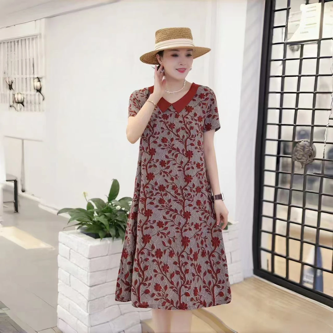 9848-夏装新款高瑞领连衣裙加大码时尚中年女遮肉显瘦薄款裙子