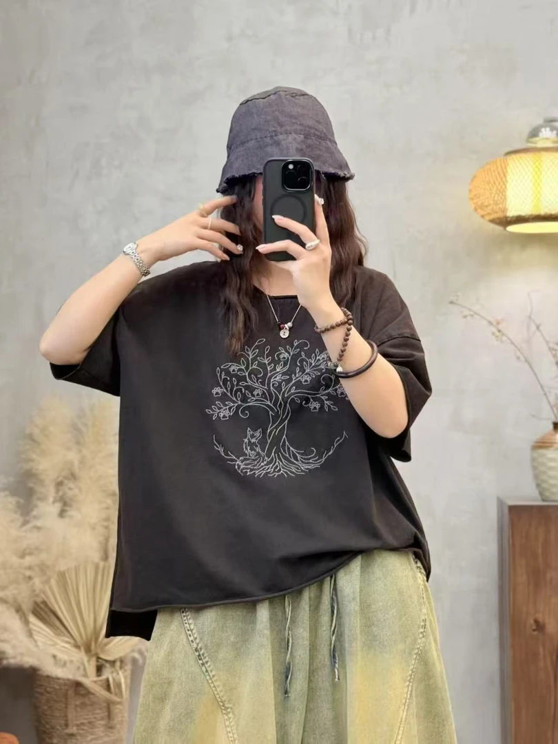 ‘’发财树“全面炒色T恤宽松显瘦百搭复古穿搭刺绣设计短袖