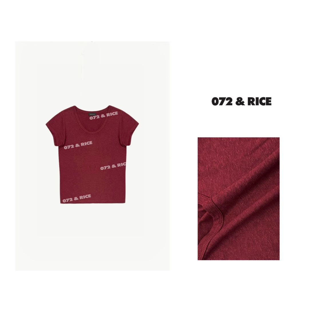 072 & RICE【波尔多红】亚麻+棉 春季休闲U领短袖T恤 24W078Z*